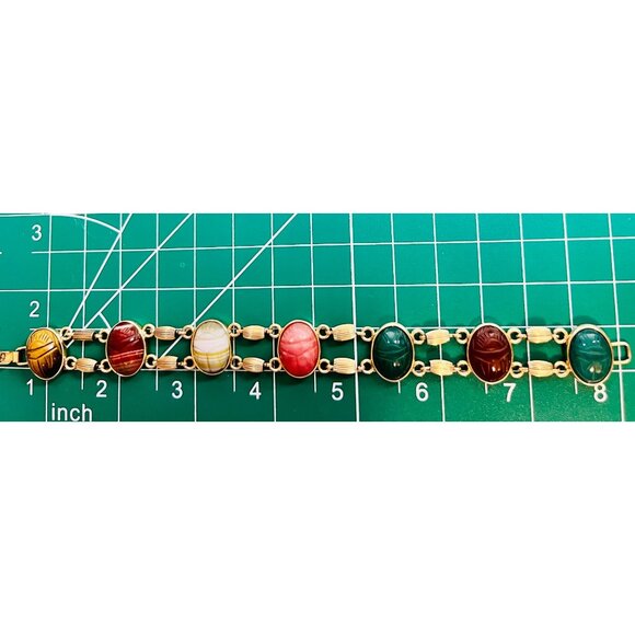 Egyptian Revival Krementz 14Kt Gold Overlay Scarab Bracelet Semi-Precious Stones - Picture 2 of 8